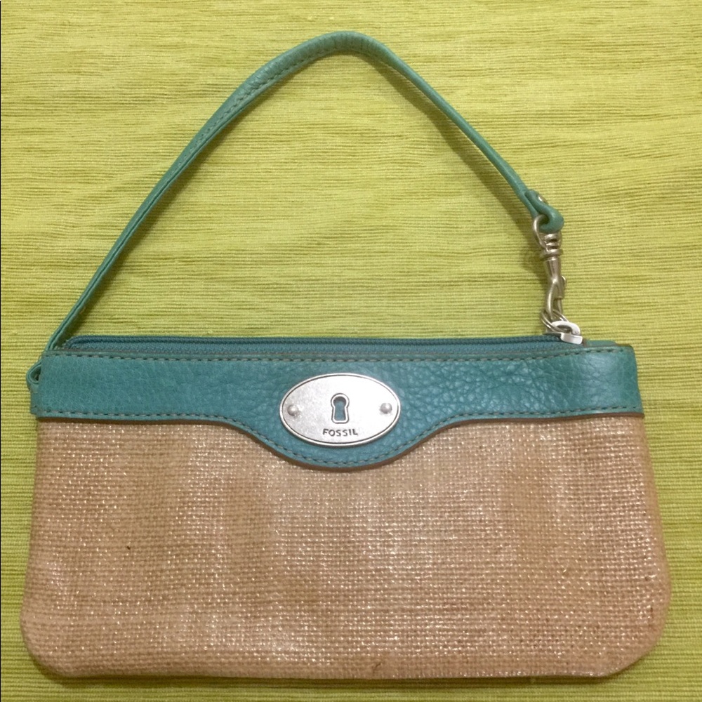 Fossil Key-Per Jute and Turquoise Leather Wristlet